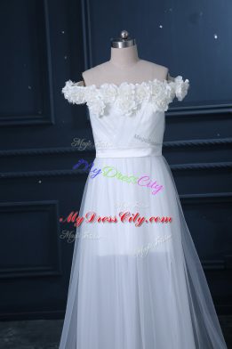 White Wedding Gown Wedding Party with Hand Made Flower Off The Shoulder Sleeveless Brush Train Zipper