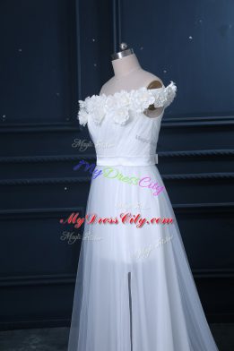 White Wedding Gown Wedding Party with Hand Made Flower Off The Shoulder Sleeveless Brush Train Zipper