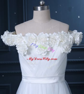 White Wedding Gown Wedding Party with Hand Made Flower Off The Shoulder Sleeveless Brush Train Zipper