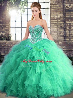 Cheap Turquoise Sleeveless Floor Length Beading and Ruffles Lace Up Sweet 16 Quinceanera Dress