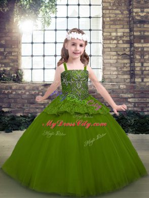 Customized Olive Green Lace Up Kids Formal Wear Beading Sleeveless Floor Length