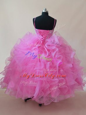 Perfect Rose Pink Sleeveless Floor Length Beading and Ruffles Lace Up Little Girl Pageant Gowns