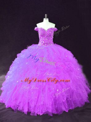 Purple Ball Gowns Off The Shoulder Sleeveless Tulle Floor Length Lace Up Beading and Ruffles Vestidos de Quinceanera