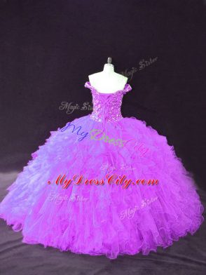 Purple Ball Gowns Off The Shoulder Sleeveless Tulle Floor Length Lace Up Beading and Ruffles Vestidos de Quinceanera