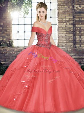 Suitable Floor Length Lace Up Sweet 16 Dress Watermelon Red for Military Ball and Sweet 16 and Quinceanera with Beading and Ruffles