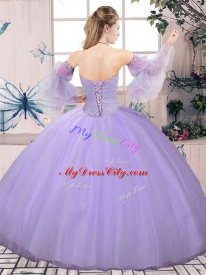 Sleeveless Floor Length Beading Lace Up Quinceanera Dresses with Lilac