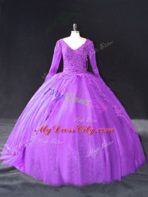 Suitable Purple Ball Gowns Lace and Appliques Vestidos de Quinceanera Lace Up Tulle Long Sleeves Floor Length