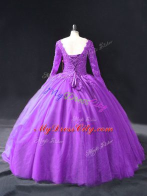 Suitable Purple Ball Gowns Lace and Appliques Vestidos de Quinceanera Lace Up Tulle Long Sleeves Floor Length