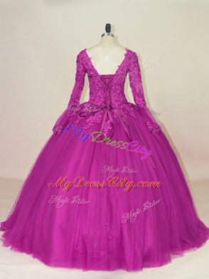 Custom Fit Fuchsia Long Sleeves Tulle Lace Up 15th Birthday Dress for Sweet 16 and Quinceanera