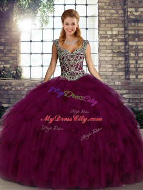 Designer Straps Sleeveless Vestidos de Quinceanera Floor Length Beading and Ruffles Dark Purple Organza