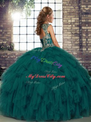 Designer Straps Sleeveless Vestidos de Quinceanera Floor Length Beading and Ruffles Dark Purple Organza