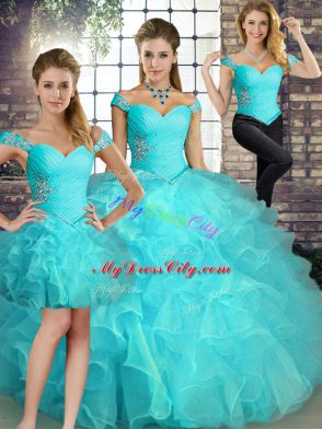 Extravagant Aqua Blue Three Pieces Off The Shoulder Sleeveless Organza Floor Length Lace Up Beading and Ruffles Vestidos de Quinceanera