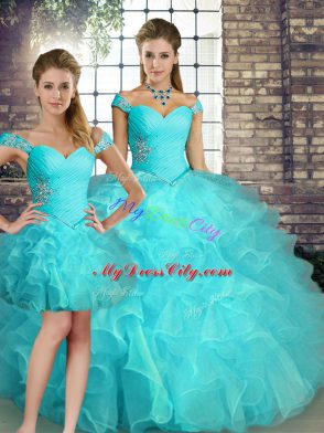 Extravagant Aqua Blue Three Pieces Off The Shoulder Sleeveless Organza Floor Length Lace Up Beading and Ruffles Vestidos de Quinceanera