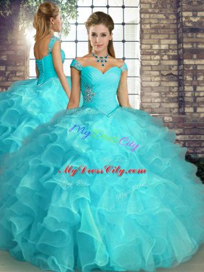 Extravagant Aqua Blue Three Pieces Off The Shoulder Sleeveless Organza Floor Length Lace Up Beading and Ruffles Vestidos de Quinceanera