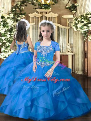 Straps Sleeveless Lace Up Little Girls Pageant Gowns Blue Tulle