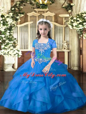 Straps Sleeveless Lace Up Little Girls Pageant Gowns Blue Tulle