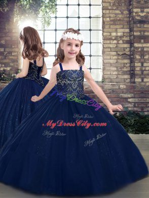 Floor Length Navy Blue Winning Pageant Gowns Tulle Sleeveless Beading