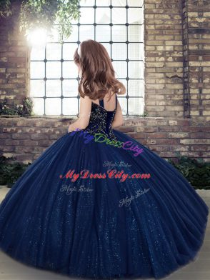 Floor Length Navy Blue Winning Pageant Gowns Tulle Sleeveless Beading