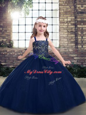 Floor Length Navy Blue Winning Pageant Gowns Tulle Sleeveless Beading