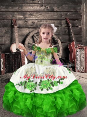 High Quality Sleeveless Organza Floor Length Lace Up Little Girls Pageant Dress in Green with Beading and Embroidery and Ruffles