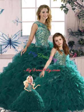 Fantastic Peacock Green Sleeveless Beading and Ruffles Floor Length Quinceanera Dresses