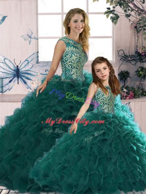 Fantastic Peacock Green Sleeveless Beading and Ruffles Floor Length Quinceanera Dresses