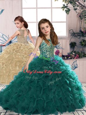 Fantastic Peacock Green Sleeveless Beading and Ruffles Floor Length Quinceanera Dresses