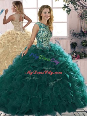 Fantastic Peacock Green Sleeveless Beading and Ruffles Floor Length Quinceanera Dresses