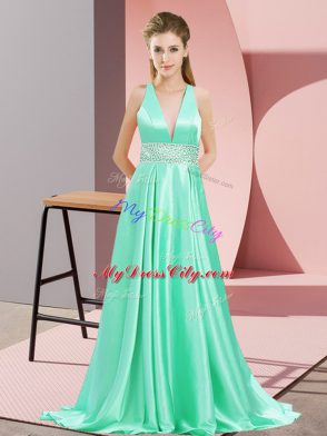 Apple Green Elastic Woven Satin Backless Homecoming Dress Online Sleeveless Brush Train Beading