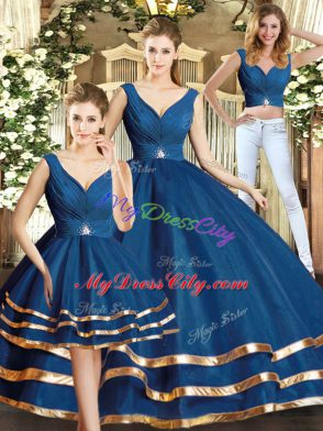 Tulle V-neck Sleeveless Backless Beading and Ruffled Layers Sweet 16 Dresses in Navy Blue