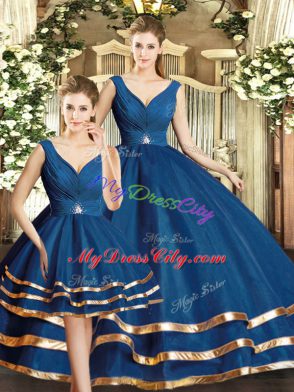 Tulle V-neck Sleeveless Backless Beading and Ruffled Layers Sweet 16 Dresses in Navy Blue