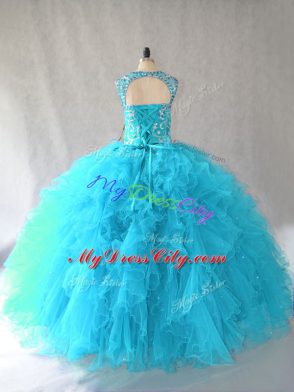 Baby Blue Sleeveless Tulle Lace Up Ball Gown Prom Dress for Sweet 16 and Quinceanera