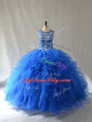 Blue Side Zipper Scoop Beading and Ruffles Sweet 16 Quinceanera Dress Tulle Sleeveless