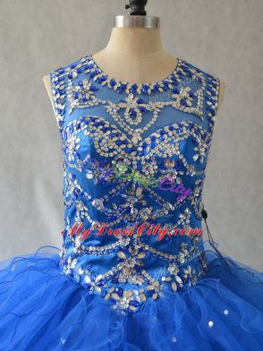 Blue Side Zipper Scoop Beading and Ruffles Sweet 16 Quinceanera Dress Tulle Sleeveless