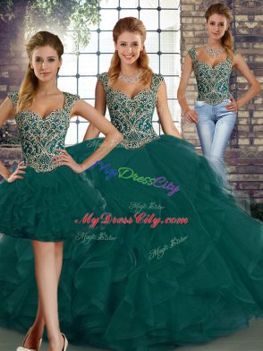 Stunning Peacock Green Lace Up Quinceanera Dress Beading and Ruffles Sleeveless Floor Length