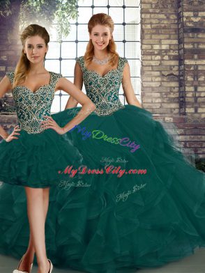 Stunning Peacock Green Lace Up Quinceanera Dress Beading and Ruffles Sleeveless Floor Length