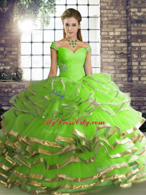 Custom Made Sleeveless Tulle Floor Length Lace Up Sweet 16 Quinceanera Dress in with Beading and Ruffled Layers