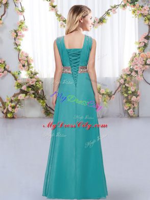 Popular Floor Length Lace Up Dama Dress Olive Green for Wedding Party with Beading and Belt