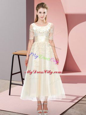 Fantastic Champagne Lace Up Bridesmaids Dress Beading and Lace Short Sleeves Tea Length