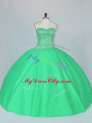 Shining Sleeveless Floor Length Beading Lace Up Sweet 16 Dress with Green