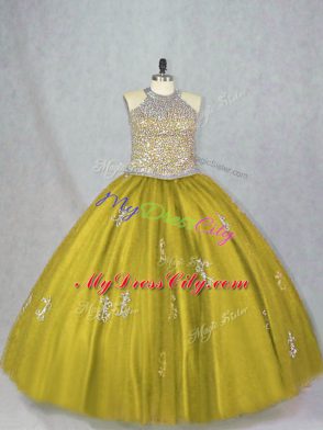 Ball Gowns Sweet 16 Quinceanera Dress Olive Green Halter Top Tulle Sleeveless Floor Length Lace Up