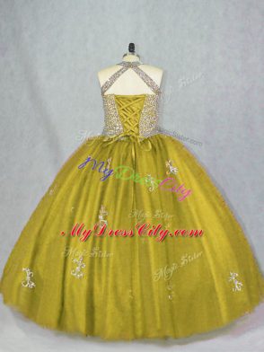 Ball Gowns Sweet 16 Quinceanera Dress Olive Green Halter Top Tulle Sleeveless Floor Length Lace Up