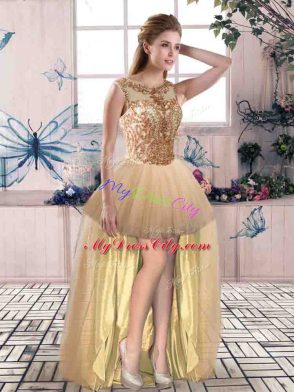 Sweet Champagne Sleeveless Beading High Low Prom Gown