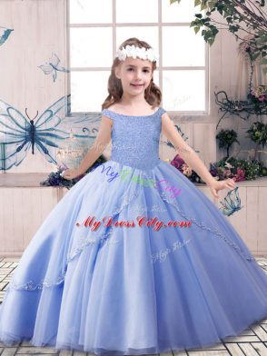 Blue Tulle Lace Up Little Girl Pageant Gowns Sleeveless Floor Length Beading