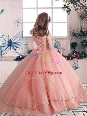 Blue Tulle Lace Up Little Girl Pageant Gowns Sleeveless Floor Length Beading