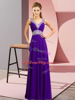 Beading Prom Dress Purple Lace Up Sleeveless Floor Length