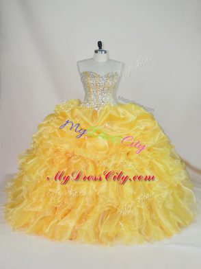 Flare Organza Sweetheart Sleeveless Lace Up Beading and Ruffles 15 Quinceanera Dress in Gold