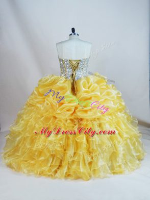 Flare Organza Sweetheart Sleeveless Lace Up Beading and Ruffles 15 Quinceanera Dress in Gold