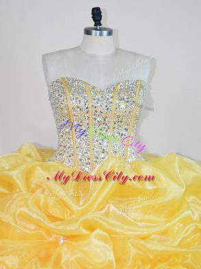 Flare Organza Sweetheart Sleeveless Lace Up Beading and Ruffles 15 Quinceanera Dress in Gold