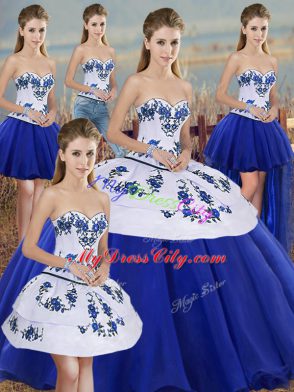 Floor Length Lace Up Quinceanera Gowns Royal Blue for Military Ball and Sweet 16 and Quinceanera with Embroidery and Bowknot